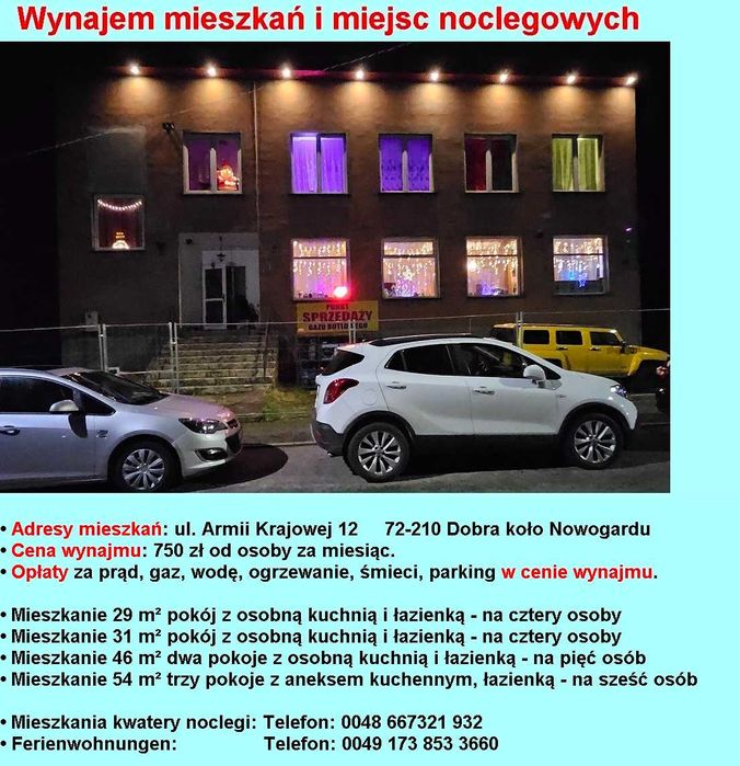 Noclegi,mieszkania,stancje,pokoje pracownicze w Dobrej Nowogardzkiej