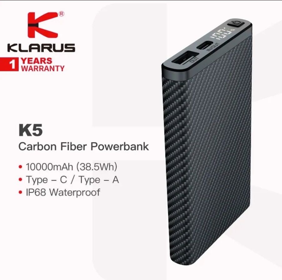 Klarus K5, повербанк з карбону, 10000mah, IPX8!!! НОВИНКА