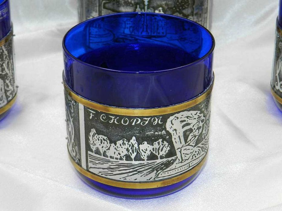 Kobaltowy okuwany zestaw do napojów WARSZAWA Huta Hortensja lata 70-80