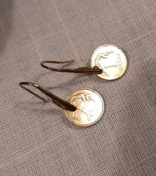 Kolczyki zlote monety monetki 1 grosz stal chirurgiczna 1 groszowki