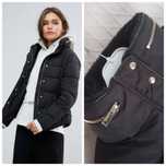 NEW LOOK L-XL czarna pikowana kurtka z futrem i kapturem