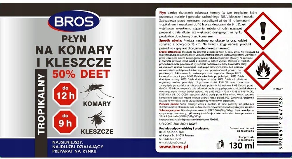 BROS płyn tropik na komary kleszcze 50% DEET 130ml