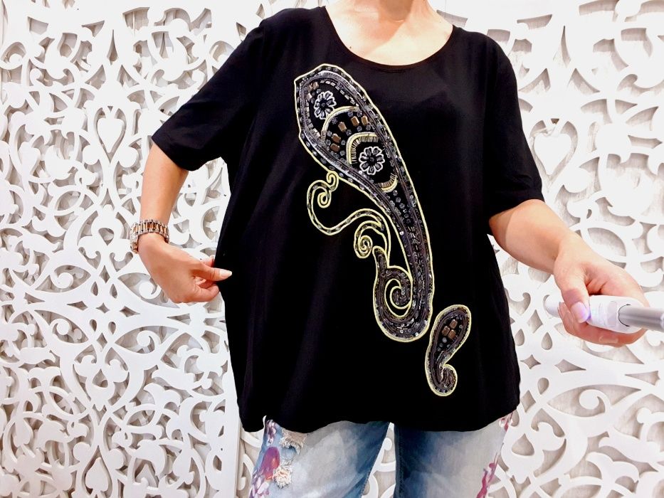 Футболка  TomTailor XXL 3XL черная шикарная украшена вышивка пайетки