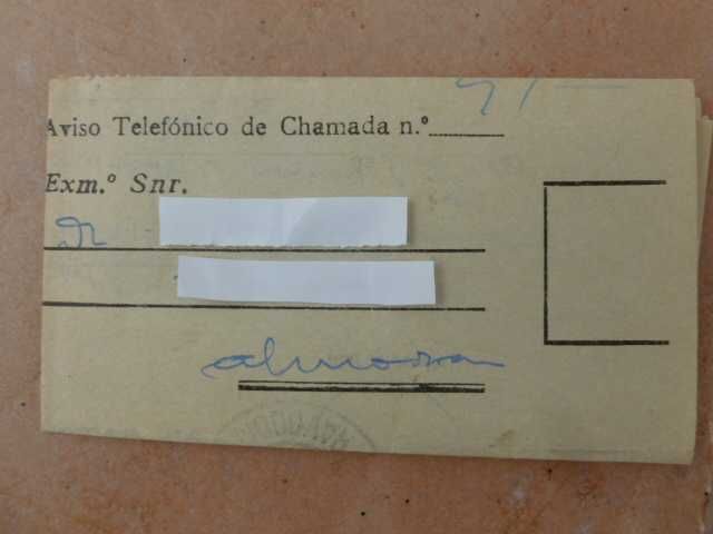 Documento antigo dos CTT - Aviso telefónico