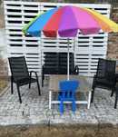 Zestaw ogrodowy, krzesła, parasol, stolik