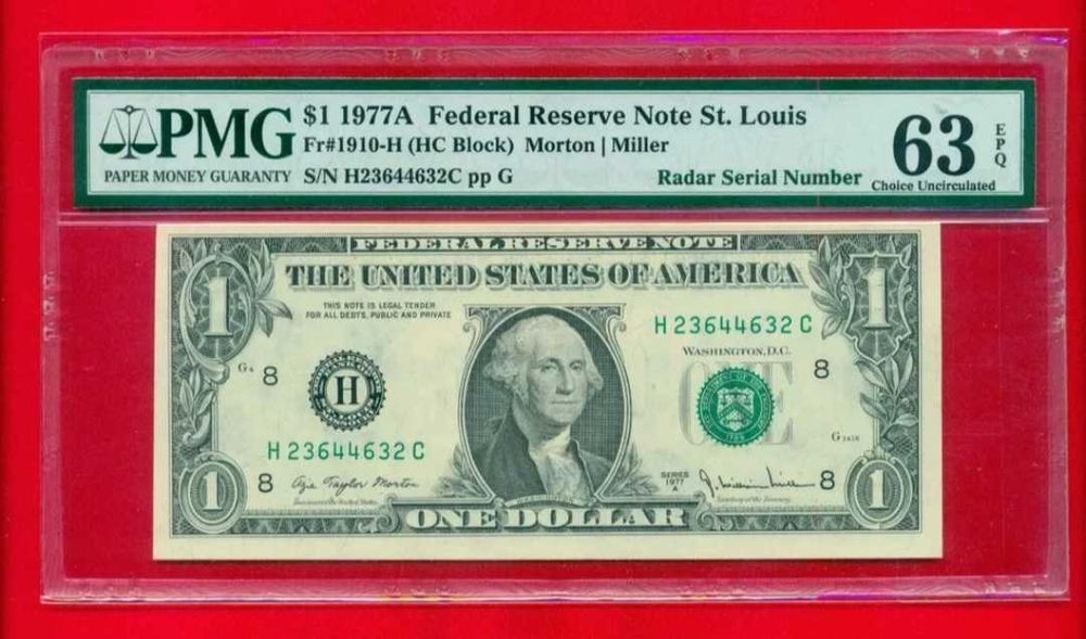Nota 1 Dollar 1977 - PMG Unc. - Capicua FRN St. Louis