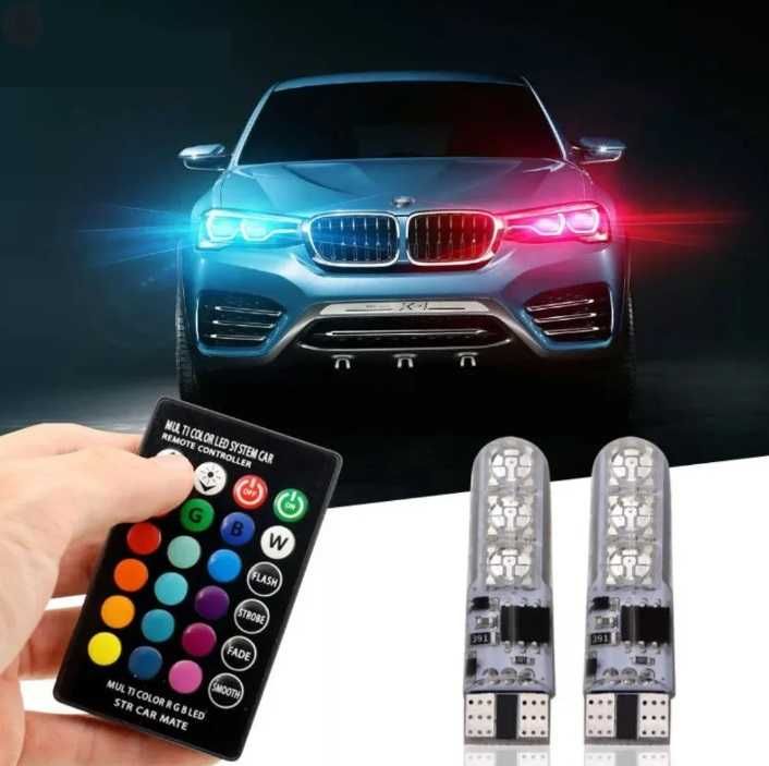 Габаритные лампы RGB LED T10 W5W с пультом Разноцветные габариты