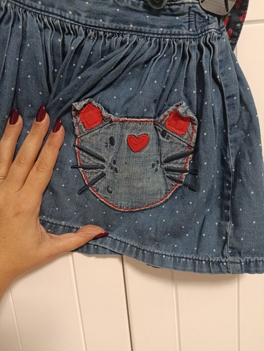 Jeansowa spódniczka ogrodniczka Next r. 98 kotek hafty