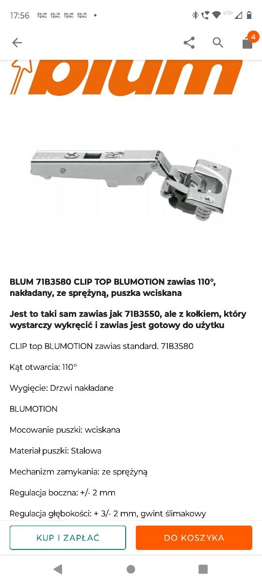 10kpl Zawias blum 71b3580 z blumotion taki jak 71b3550 z prowadnikiem