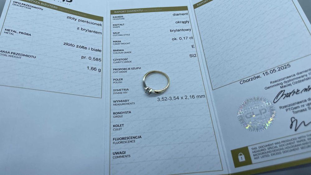 Złoty pierścionek z brylantem 0,17ct 1,66g p585 roz.11 / złoto /ST