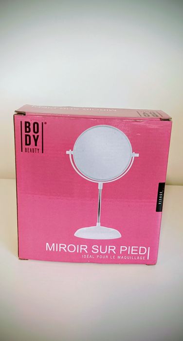 Espelho de pé de dois lados, desmontável, branco e prateado