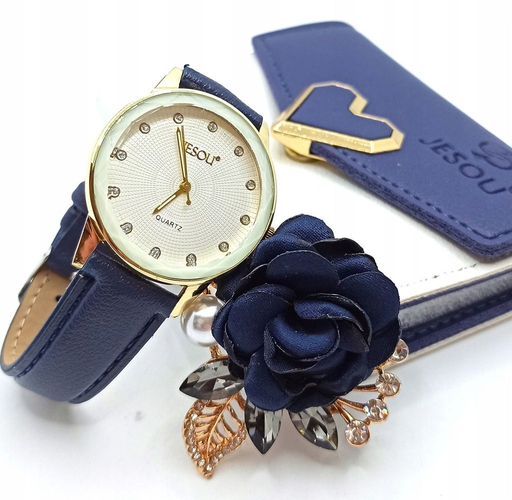 Zestaw Prezentowy Dla Kobiet Niebieski Portfel Zegarek Broszka