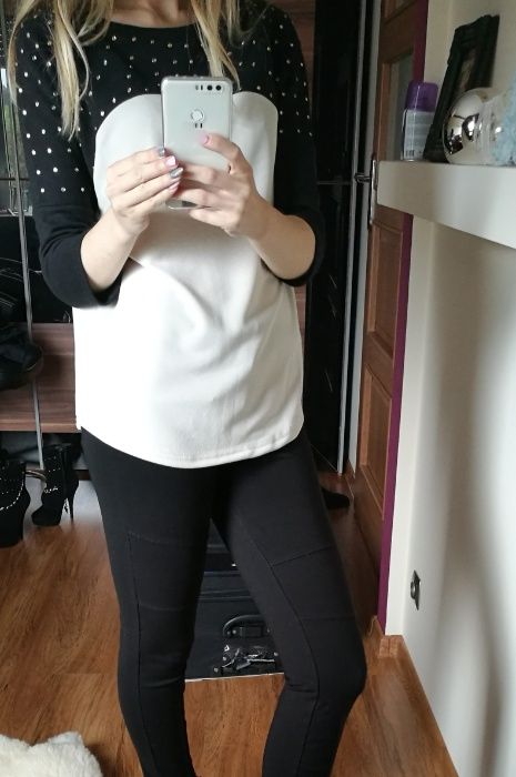 Bluza bluzka kamienie XS S czarna kremowa