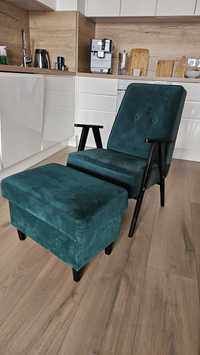 Fotel+podnóżek zieleń butelkowa PRL/loft