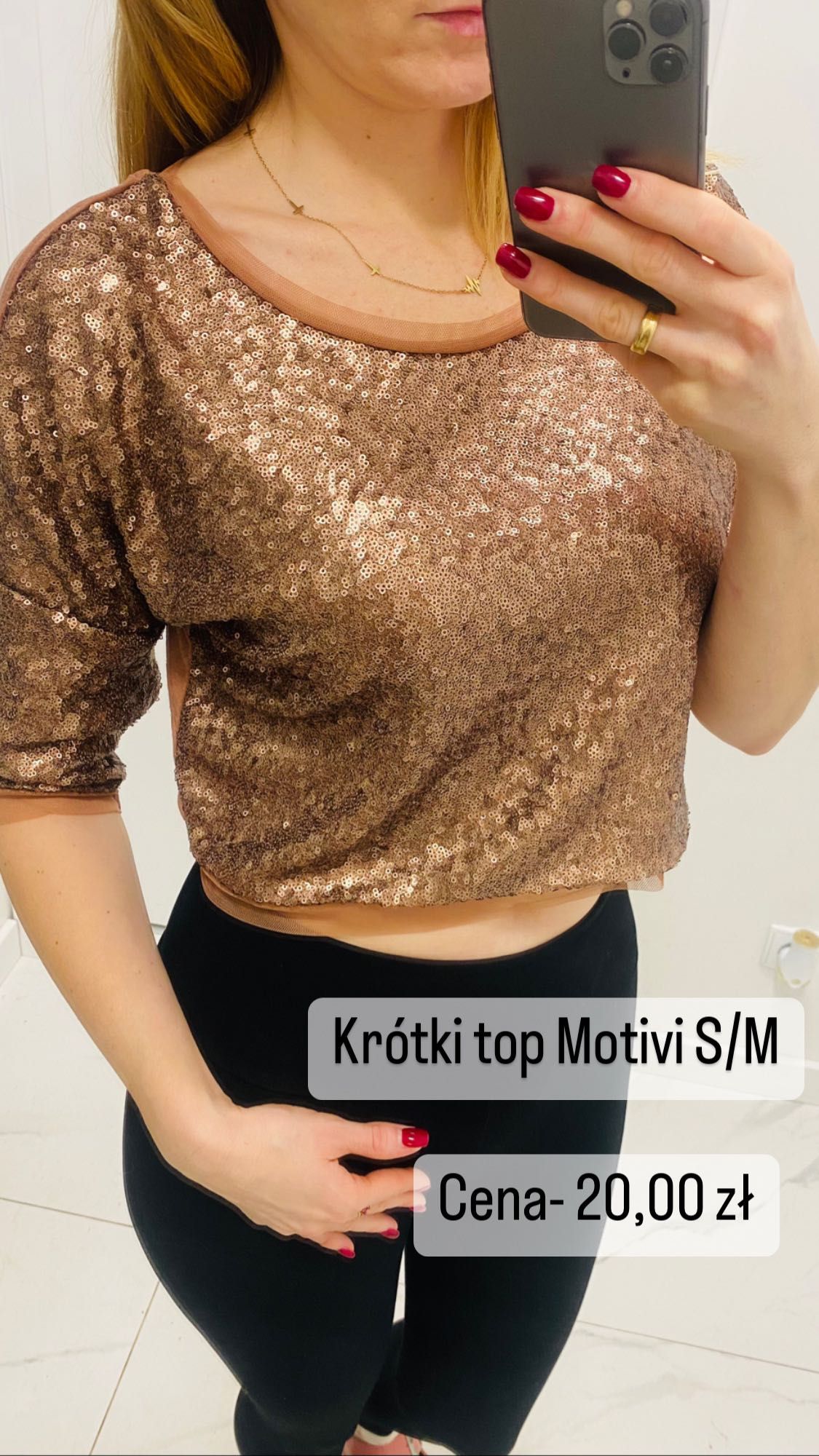Bluzka krótki top krótki Motivi S/M luźny złoty cekiny różowe złoto