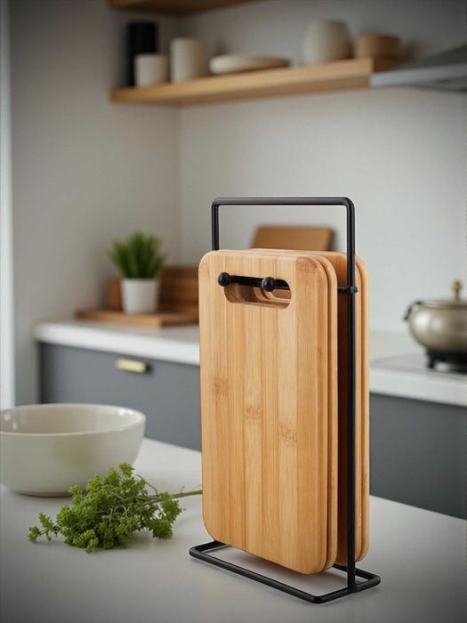 Elegancki Zestaw 4 Desek Bambusowych + Metalowy Stojak, Wytrzymałe