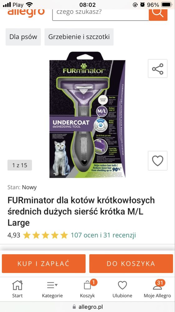 Furminator dla kotów krótkowłosych średnich dużych sierść krótka  M/L