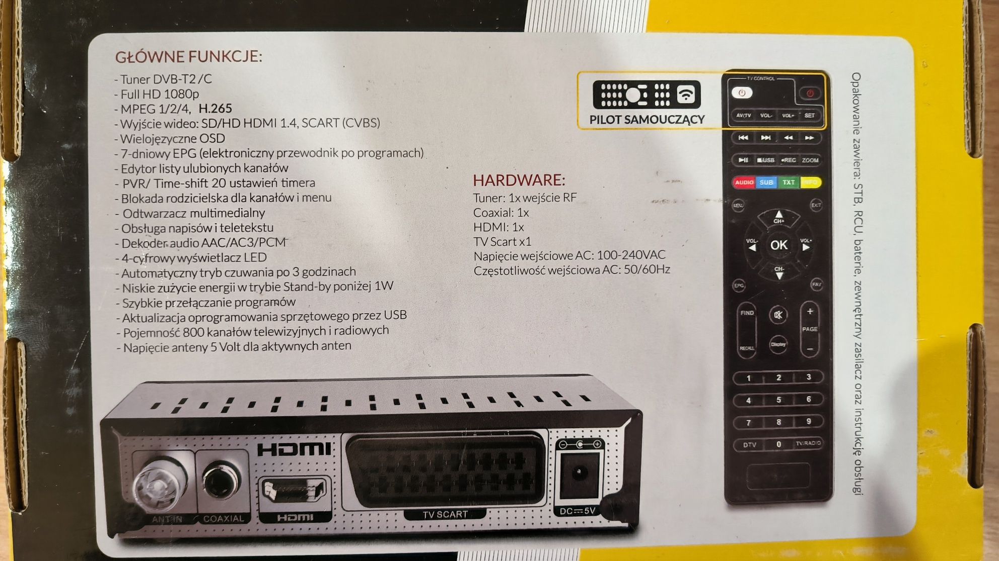 Dekoder Tuner DVB-T2/C Full HD 1080p H.265 OPTICUM, pilot samouczączy