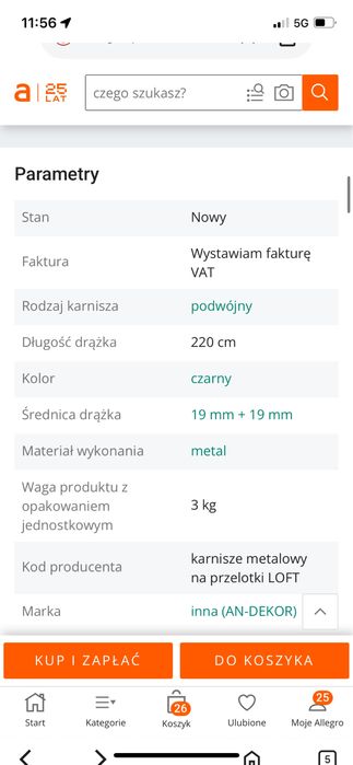 Karnisz sufitowy podwójny Fi19/220cm bez żabek