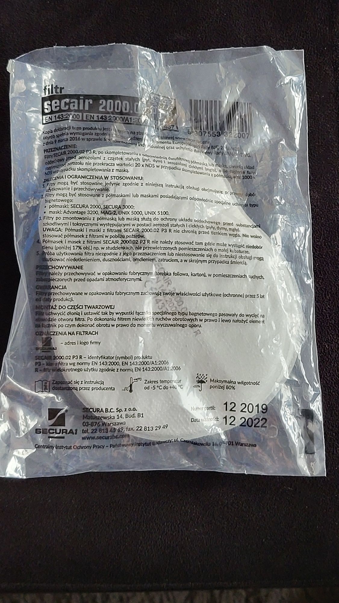 Półmaska z pochłaniaczem Secura 3000 nowa po terminie ważności