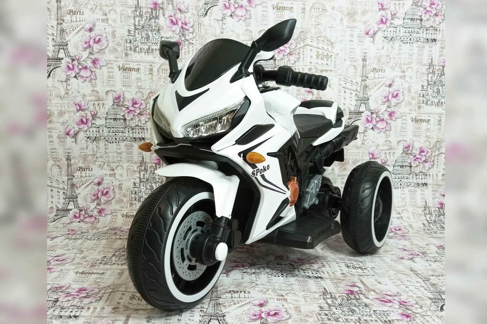 Дитячий білий електромотоцикл на акумуляторі spoko електромобіль мотоц