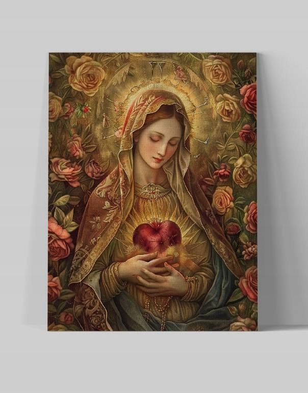 Obraz na płótnie "Serce Maryi w Otoczeniu Kwiatów", 30x40 cm