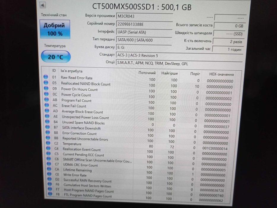 500GB SSD SATA 2.5" накопичувач Crucial як новий