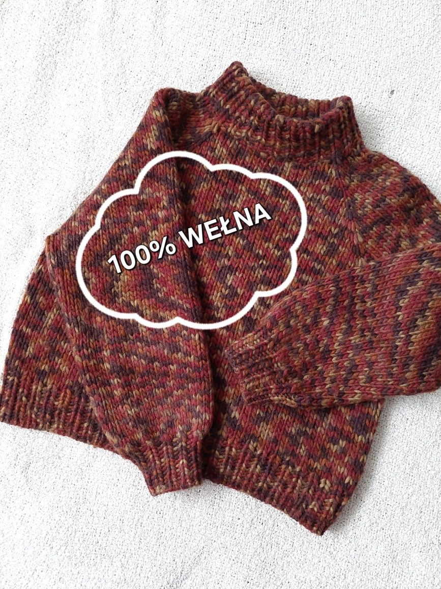 Sweter handmade ręcznie robiony gruby ciepły 100% wełna kolory jesieni