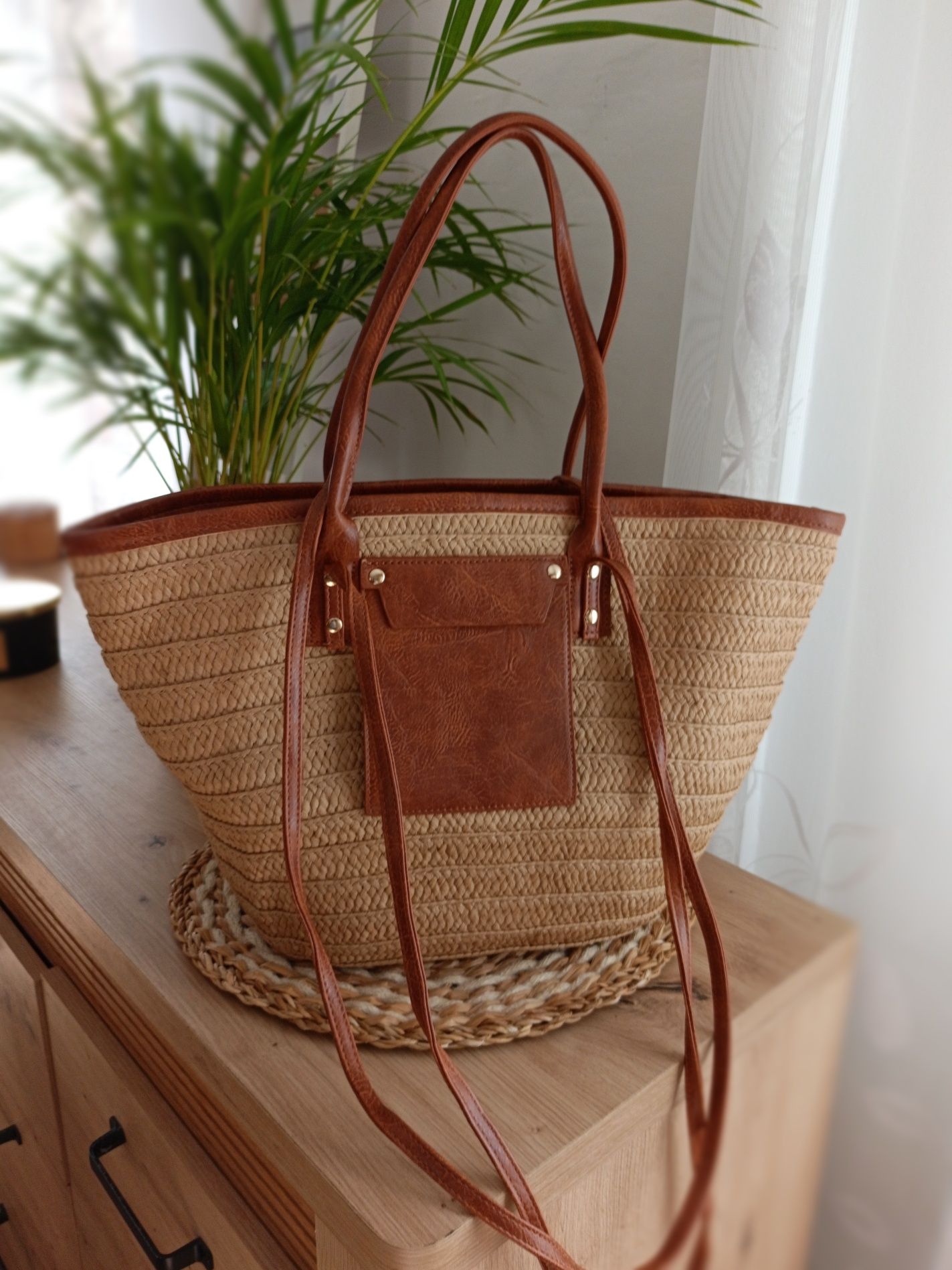 Torebka shopperka pleciona na wiosnę lato na plażę brązowa Boho