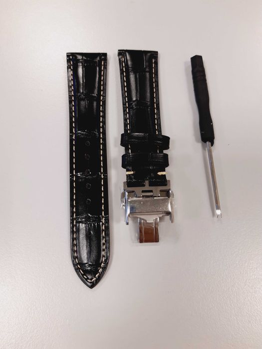 Pasek skórzany do zegarka 21mm Longines czarny z klamrą motylkową