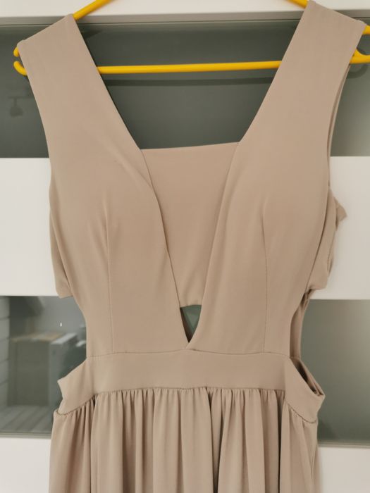 Sukienka maxi z wycięciami beżowa codzienna,wesele,wieczorowa, r.uni