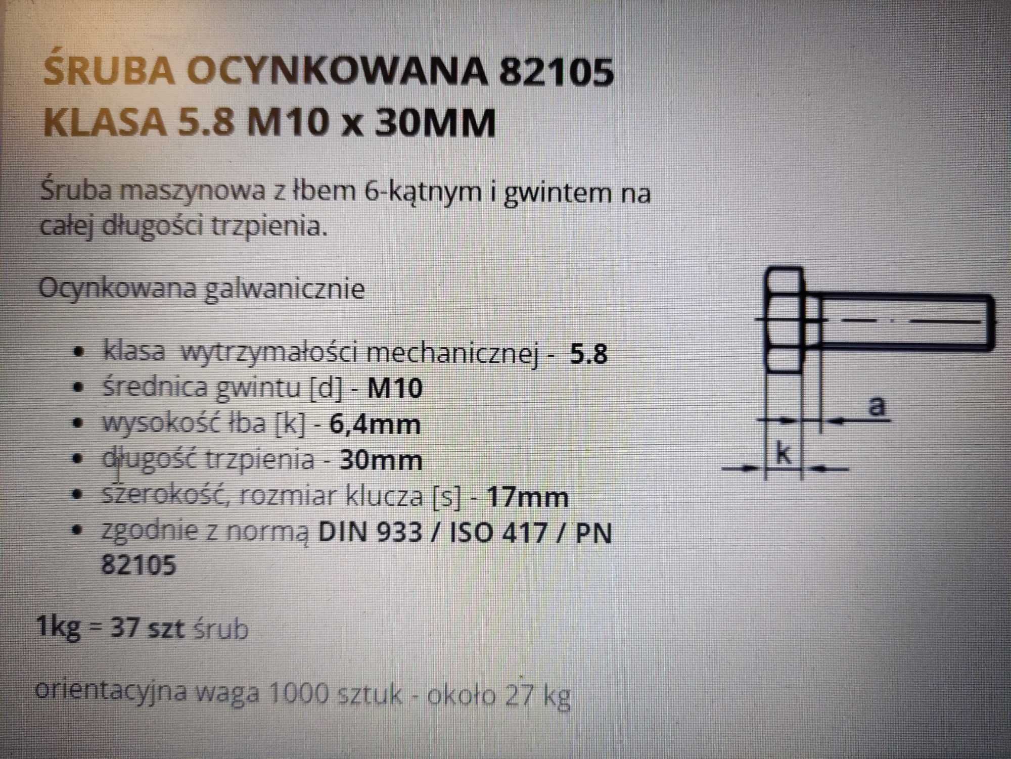 Śruba OC M10x30mm kl 5.8 DIN933 -37szt PN82105