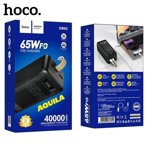 Повербанк HOCO DB82 Aquila 40000mAh 65W 148Wh 2xType-C/USB чорний.