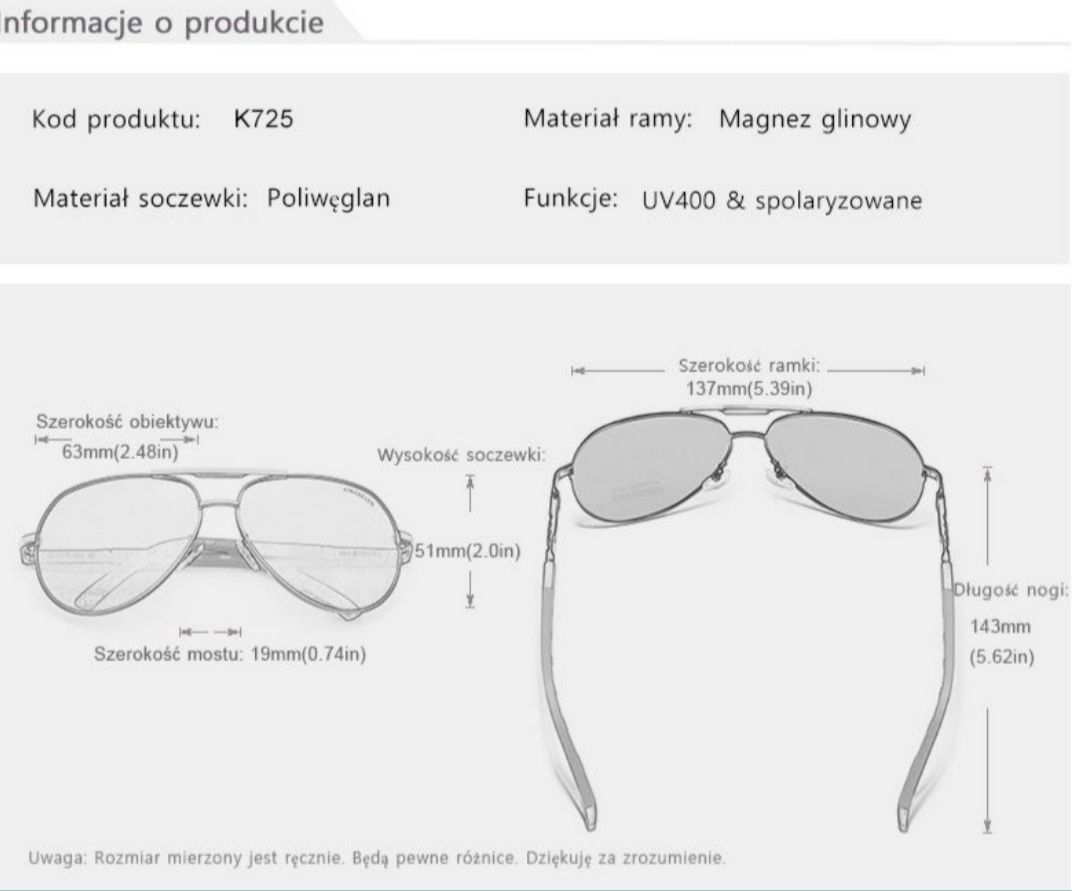 Okulary przeciwsłoneczne Aviator Pilotki KINGSEVEN UV400 polaryzacyjne