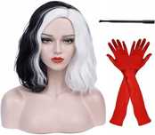 Peruka CRUELLA De Vil cosplay czepek+ rękawiczki + fajka biało-czarna