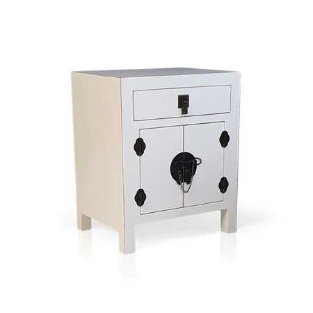 Komoda, stolik nocny, metalowe okucia, styl azjatycki, biały