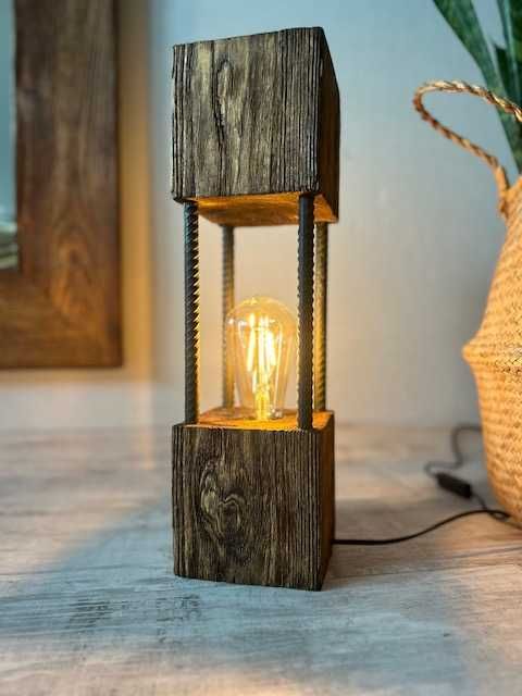 Lampa loft drewniana vintage 42 cm – stojąca, industrialna, LED