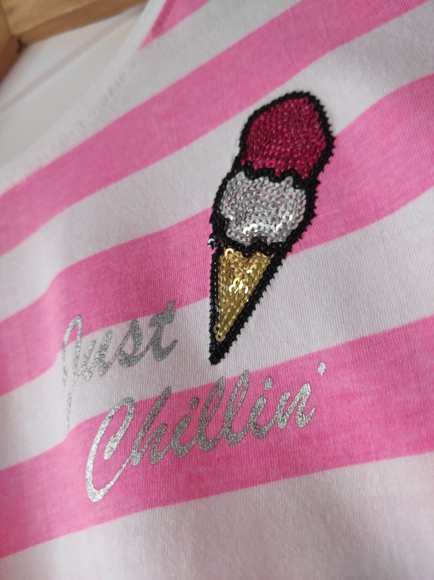 T-shirt bluzeczka biało różowa paski, cekiny Primark rozmiar 164