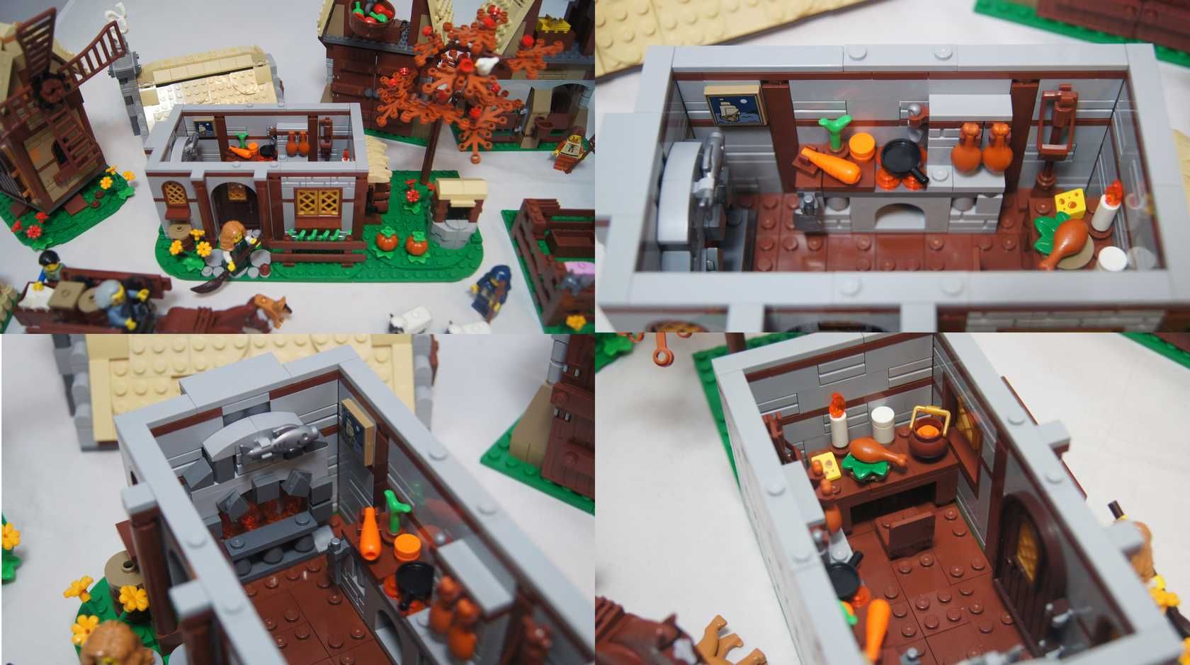 Lego MOC Średniowieczna Wioska Castle figurki zwierzęta stodoła młyn