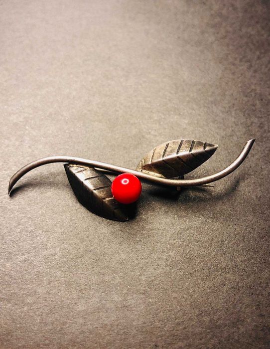 Stara Srebrna Broszka Srebro Koral Vintage