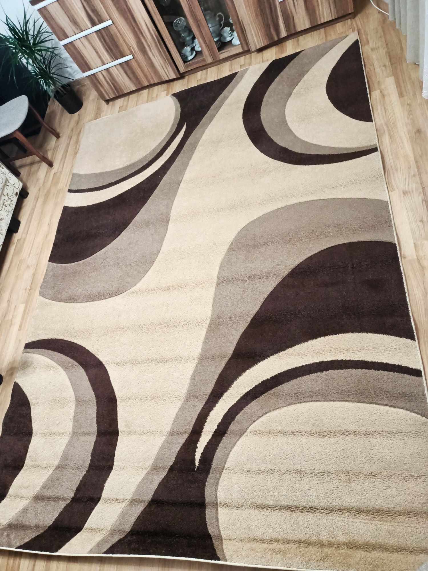 Duży dywan salonowy w ciepłych kolorach wzory
