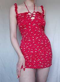 Czerwona krótka sukienka na ramiączka w kwiatki 36 S 95% wiskoza