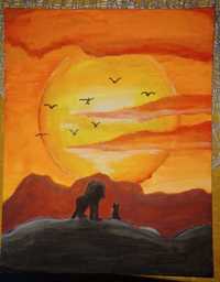 Widok obraz "Król lew" w slońcu, autorski farby tempera 30x25 cm