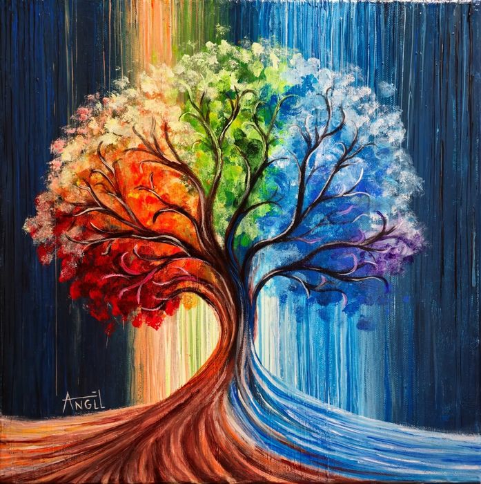 Obraz kolorowe drzewo ręcznie malowany unikat 40x40