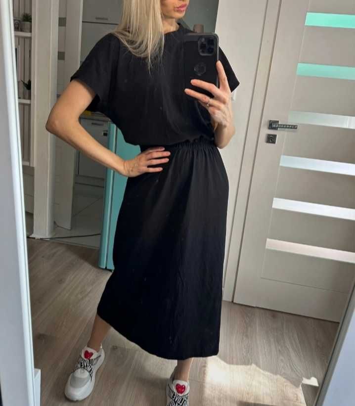 Czarna długa bawełniana sukienka dresowa L