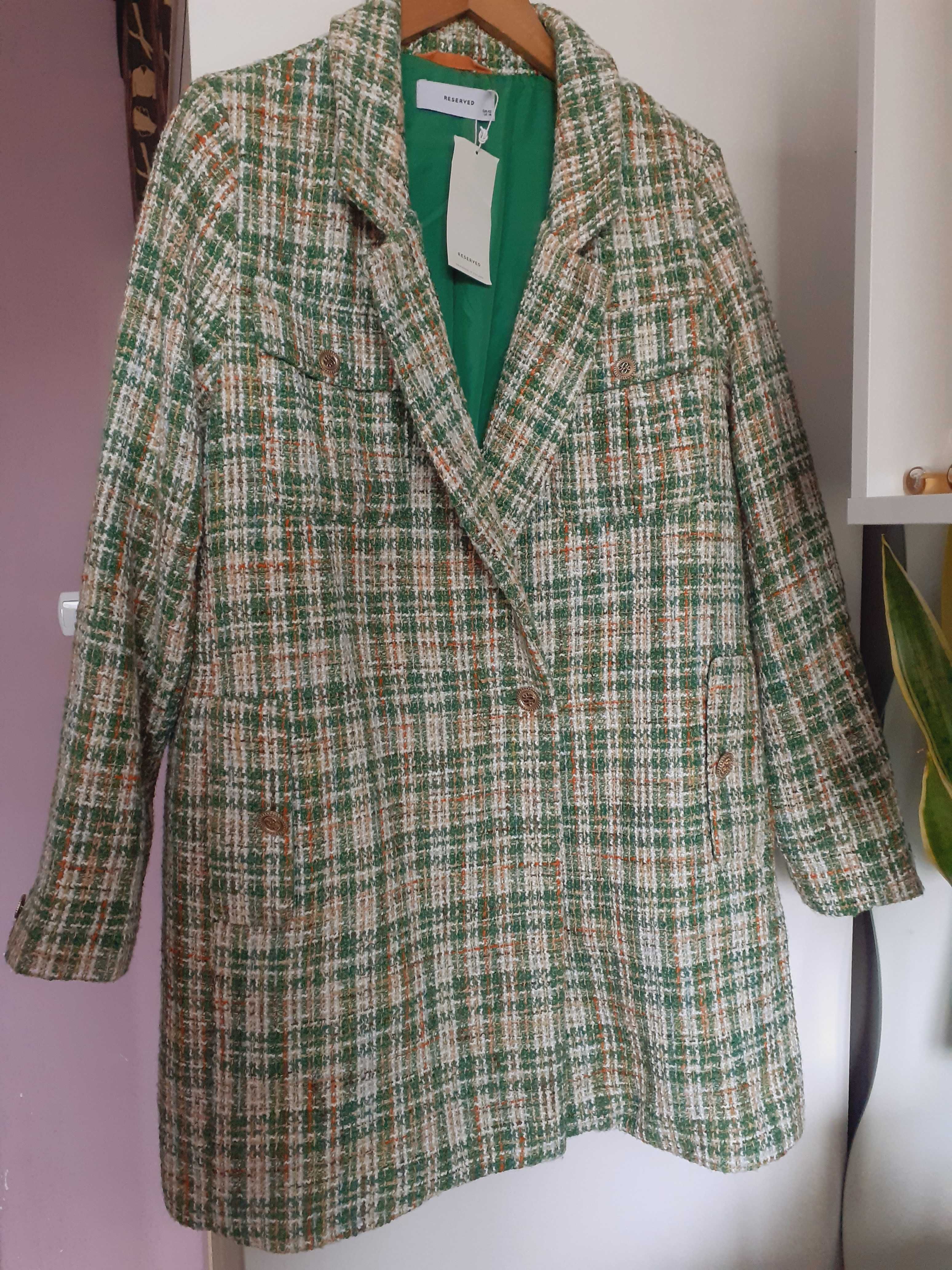 Płaszcz zielony pomarańczowy kremowy 42 Reserved z wełną