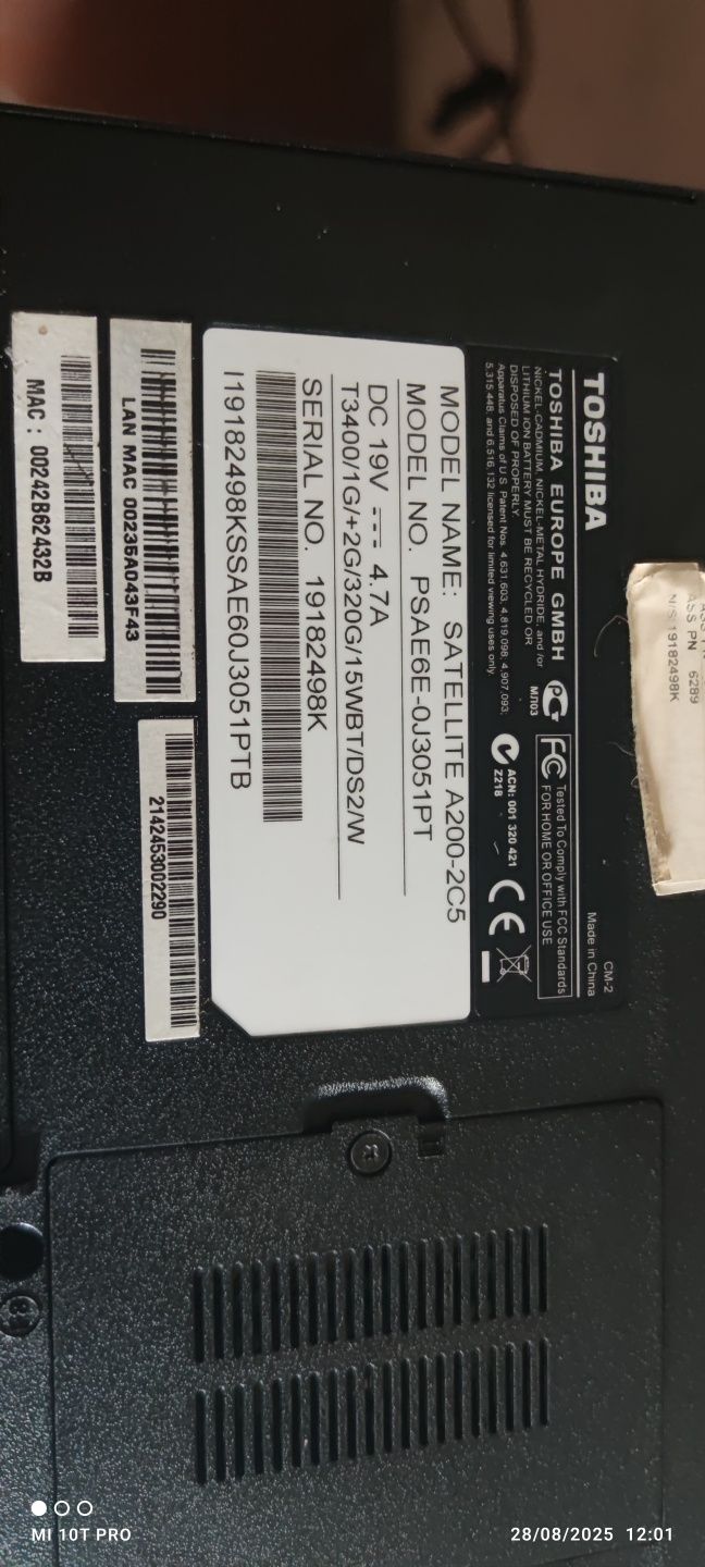 Portátil Toshiba satélite A200, Windows 10/ 120Gg SSD/ 4Gg RAM.