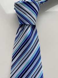Krawat męski nowy 8,5 cm szerokość niebieski w paski nie używany