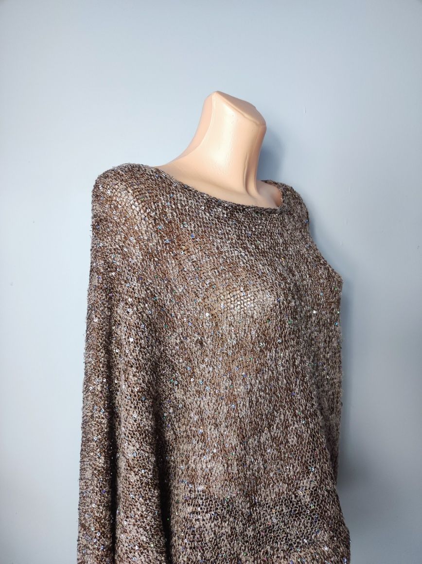 Sweter sweterek oversize brązowy długi rękaw cekiny z cekinami L/XL