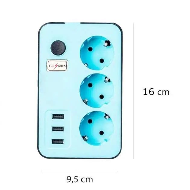 Сетевой удлинитель бирюзовый 3 розетки и 3 USB порта